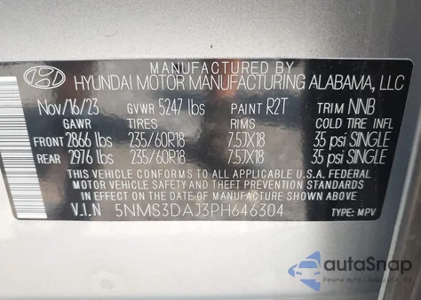 2023 Hyundai Santa Fe Sel z USA, uszkodzony, nr VIN 5NMS3DAJ3PH646304